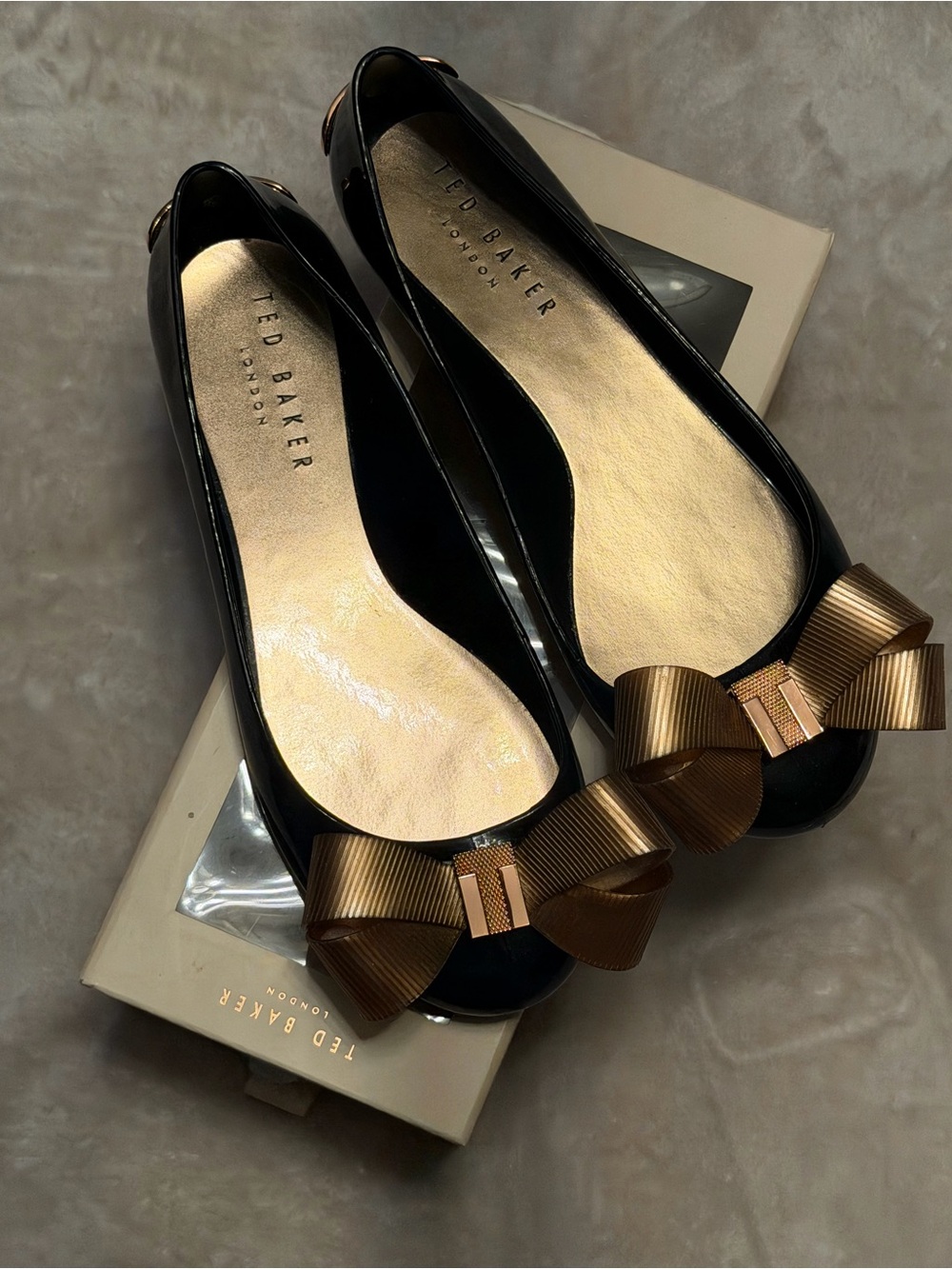 Ted Baker Black Flats with Metallic Gold Bow